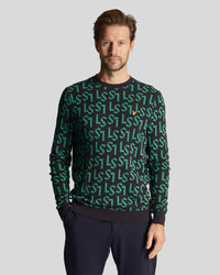 buy men's premium clothing fashion polos jackets - Lyle & Scott Men's Golf Monogram Knitted Crew Neck Jumper in Dark Navy