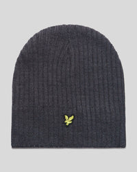 buy men's premium clothing fashion polos jackets - Lyle & Scott Men's Knitted Ribbed Beanie in Mid Grey Marl