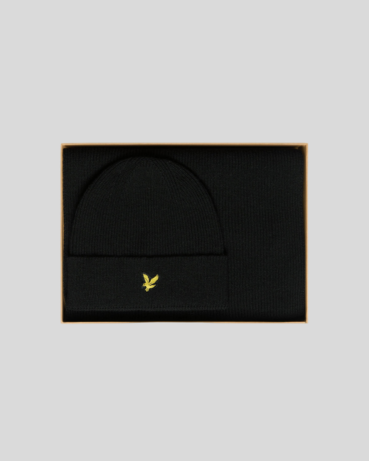 Flat shot of Lambswool Blend Scarf And Beanie Set-Jet in Black Marl