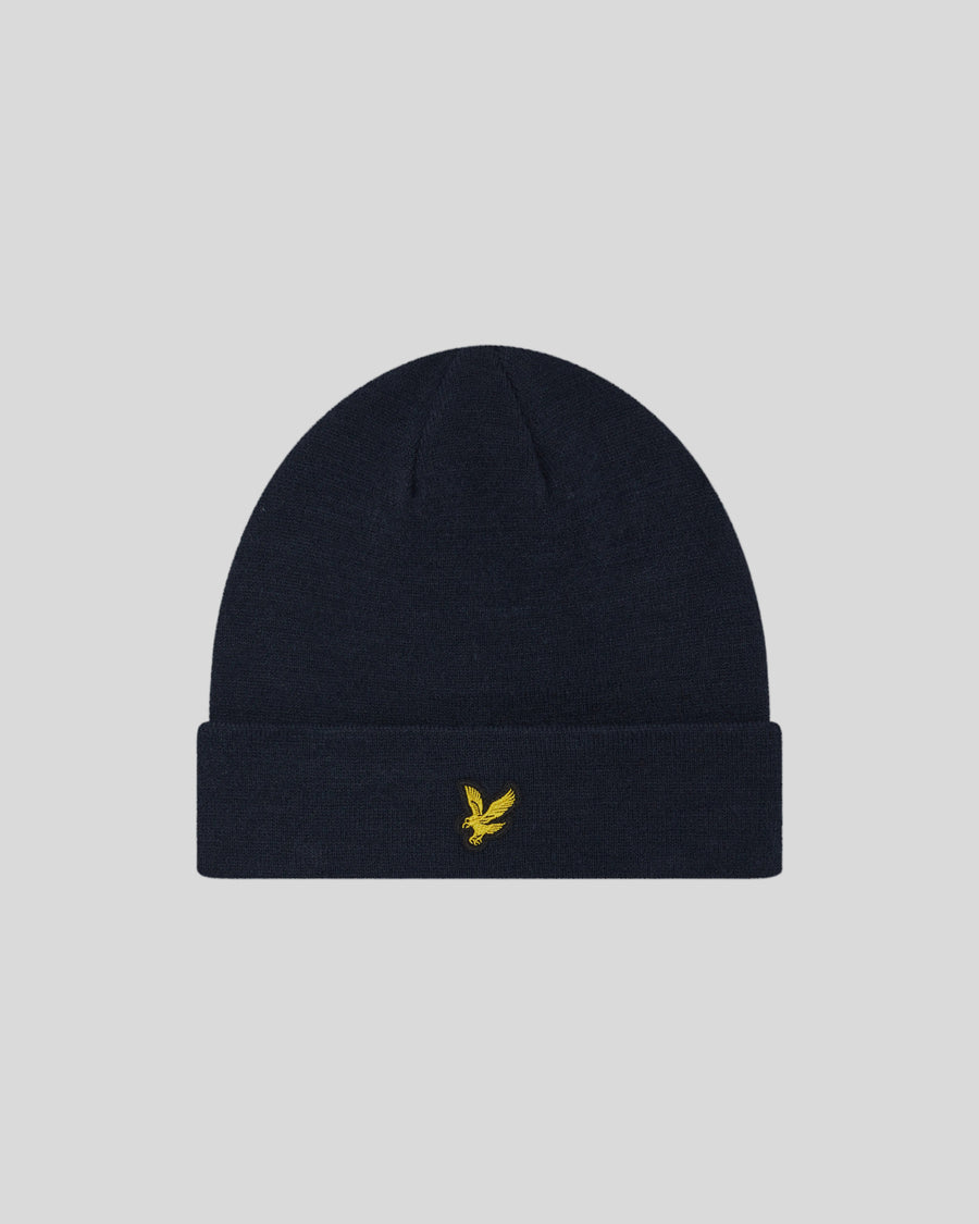 Flachaufnahme der „Basic-Beanie“ in Dunkelblau