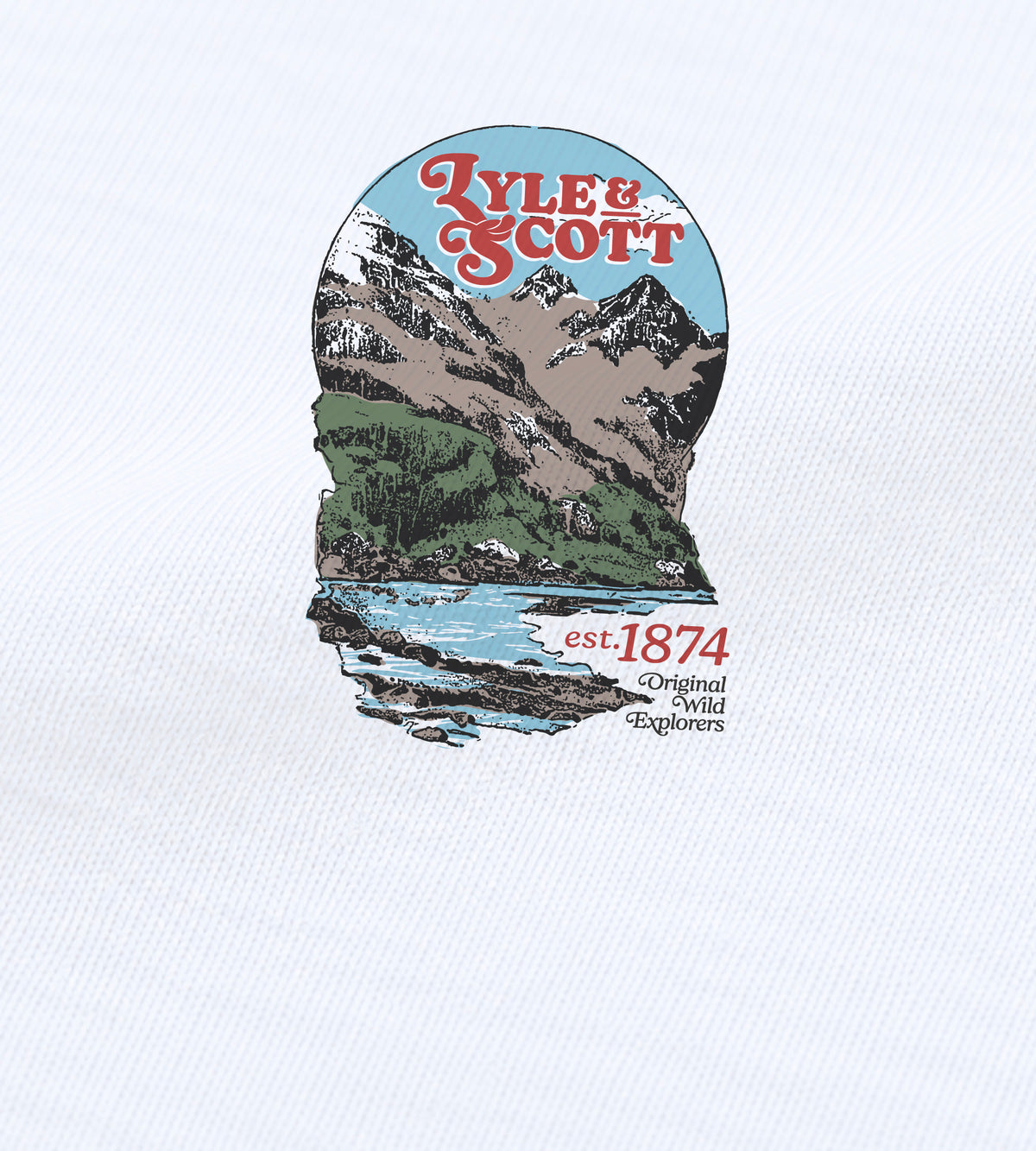 Lyle & Scott kidswear graphics - A close-up of a white textured fabric featuring a circular graphic print. The graphic depicts a mountain landscape with a lake, green hills, and bold red text reading 'Lyle & Scott' at the top, along with 'est 1874.'