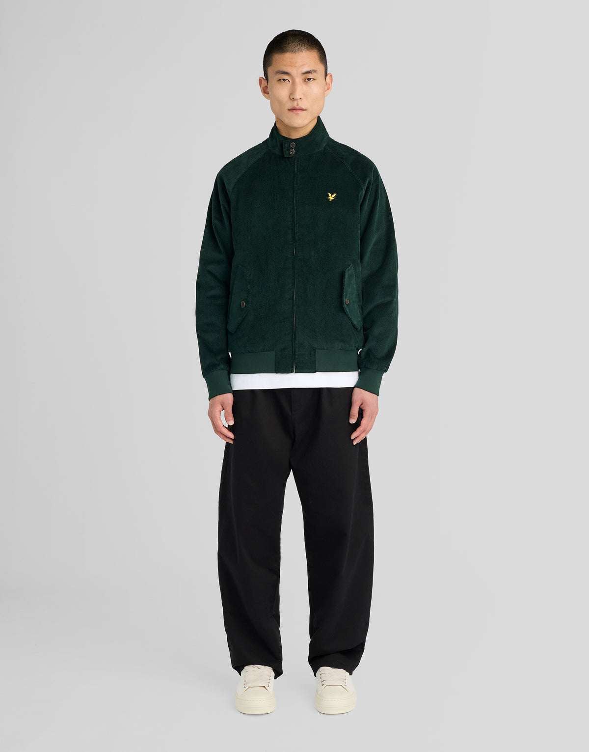 Man wearing Corduroy Harrington Jacket in Darkest Green