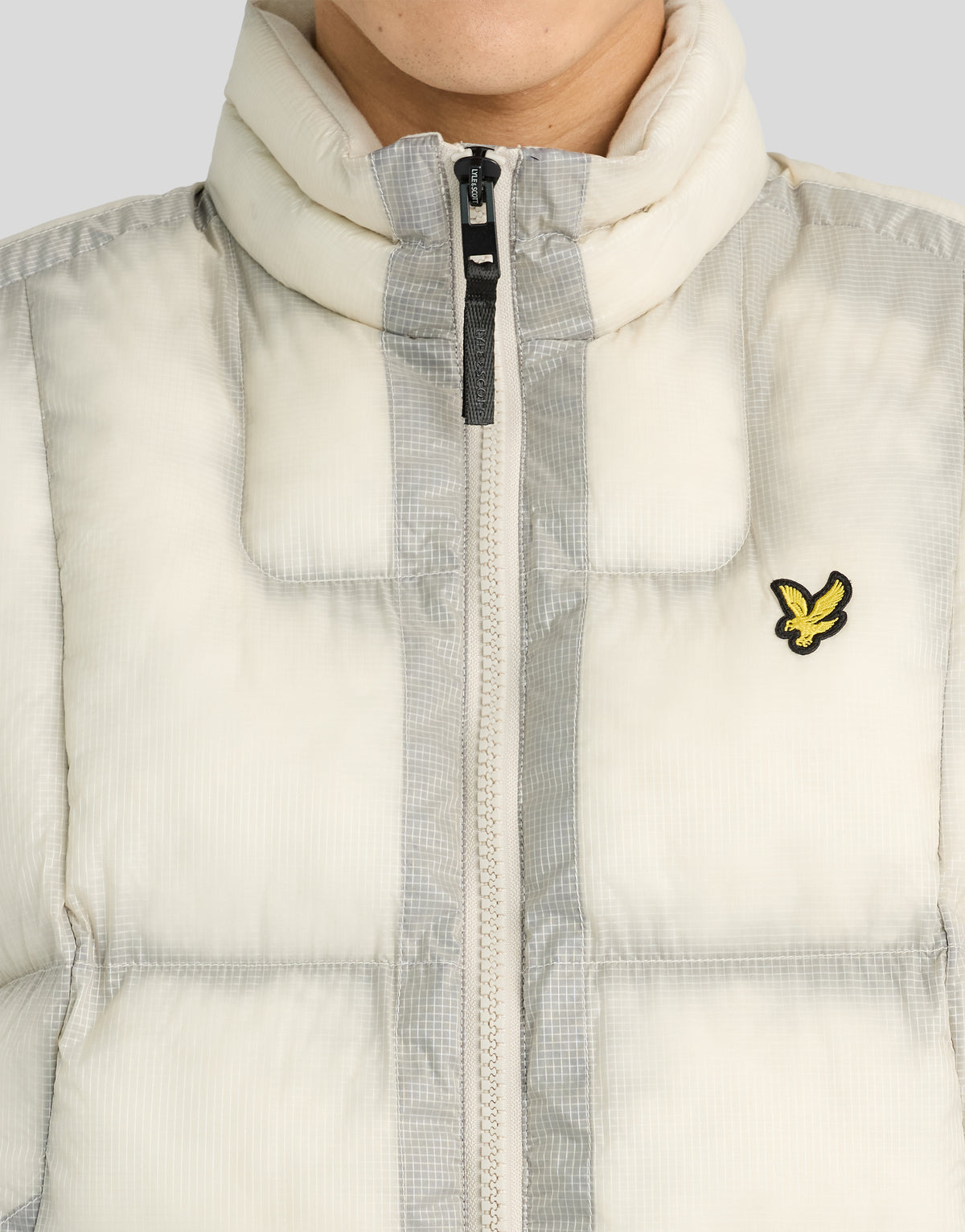 Man wearing Translucent Puffer Gilet in Putty