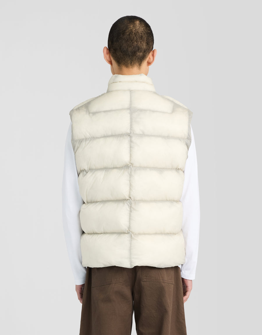 Man wearing Translucent Puffer Gilet in Putty