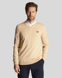 buy men's premium clothing fashion polos jackets -  Lyle & Scott Men's Golf V Neck Jumper in Sand Dune