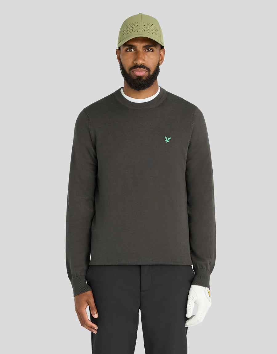 Man wears Green Eagle Cotton Blend Crew Neck Sweatshirt in Gunmetal