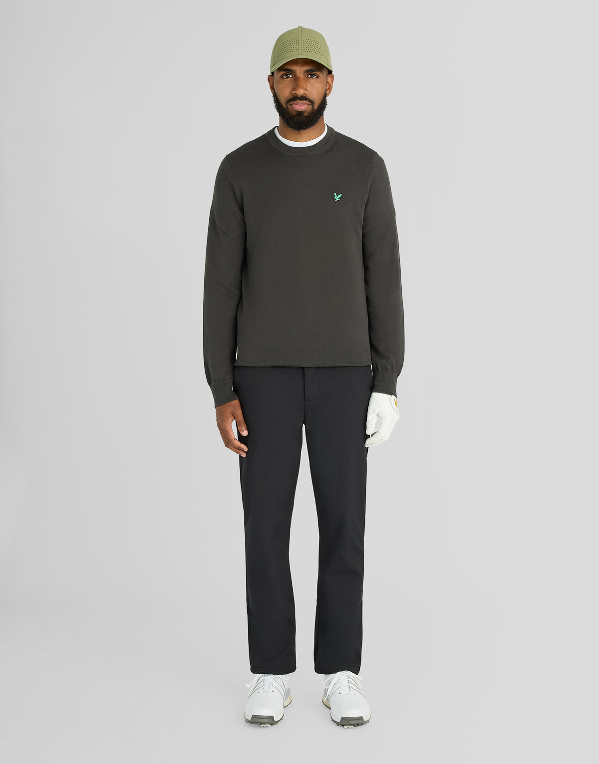 Man wears Green Eagle Cotton Blend Crew Neck Sweatshirt in Gunmetal