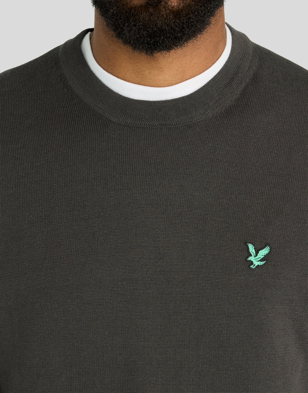 Man wears Green Eagle Cotton Blend Crew Neck Sweatshirt in Gunmetal