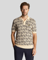 buy men's premium clothing fashion polos jackets -  Lyle & Scott Men's Golf Monogram Knitted Polo Shirt in Sand Dune