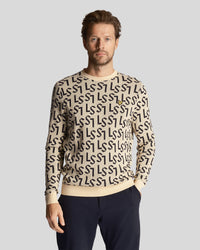 buy men's premium clothing fashion polos jackets -  Lyle & Scott Men's Golf Monogram Knitted Crew Neck Jumper in Sand Dune