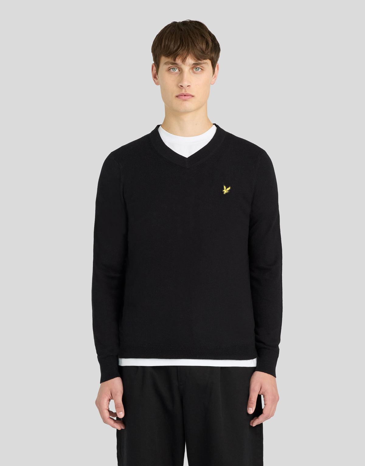 Pull à col en V en coton et laine mérinos, couleur noir de jais, pour homme