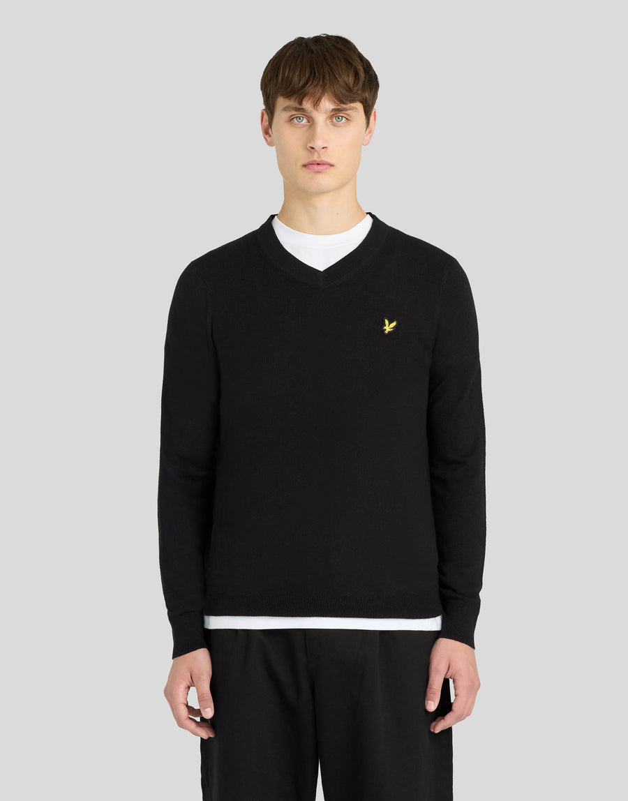 Pull à col en V en coton et laine mérinos, couleur noir de jais, pour homme