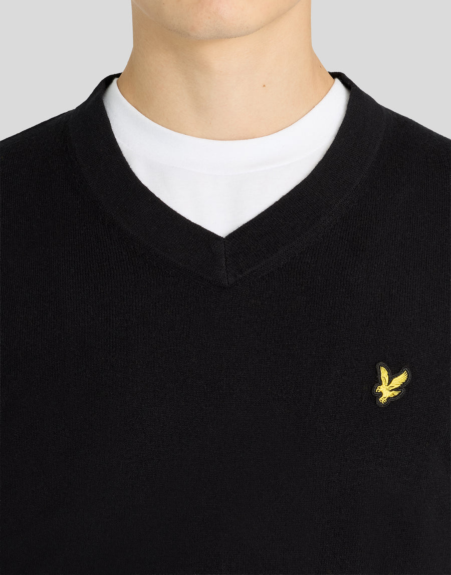 Pull à col en V en coton et laine mérinos, couleur noir de jais, pour homme