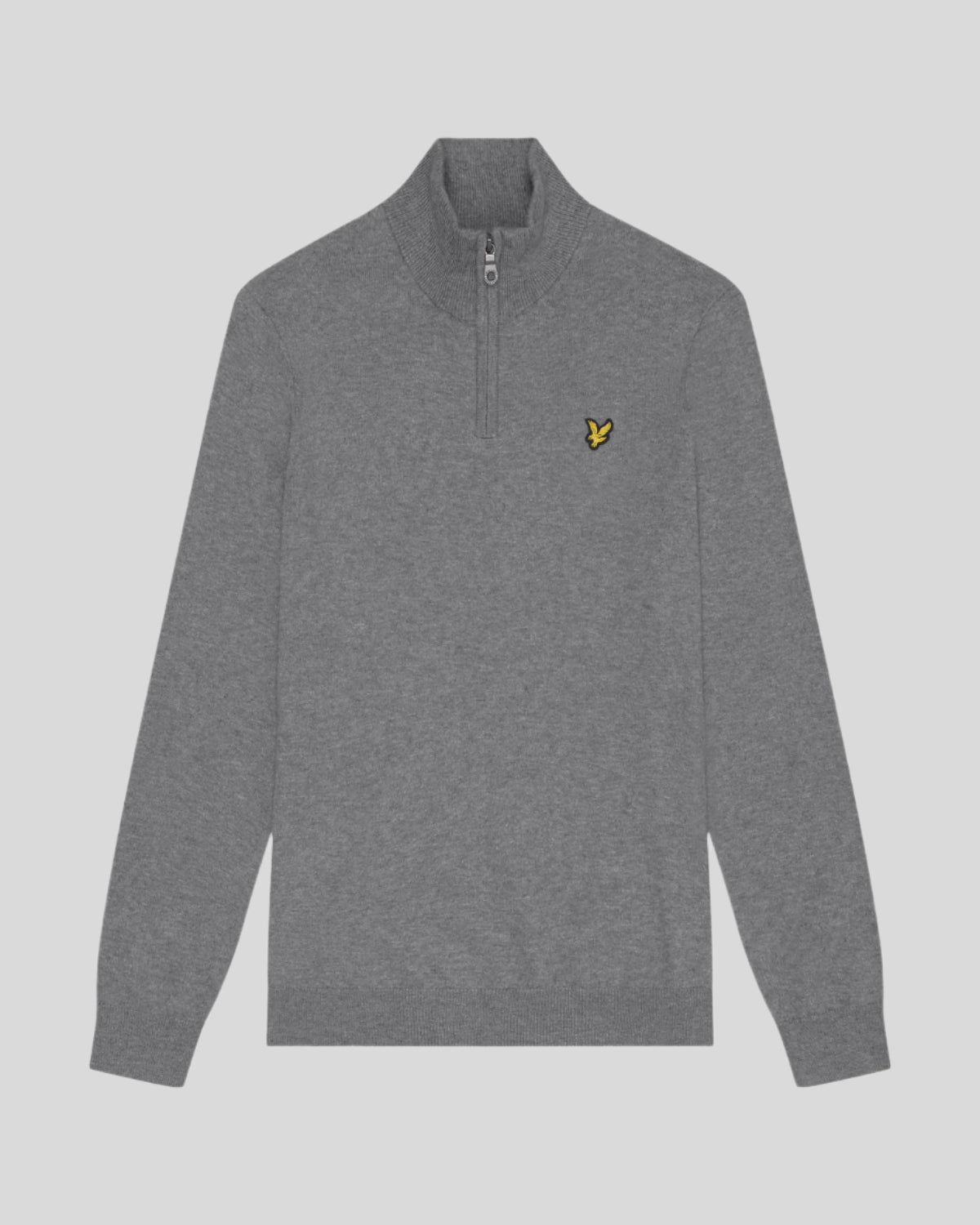 Man wears Cotton Merino 1/4 Zip Jumper in Mid Grey Marl