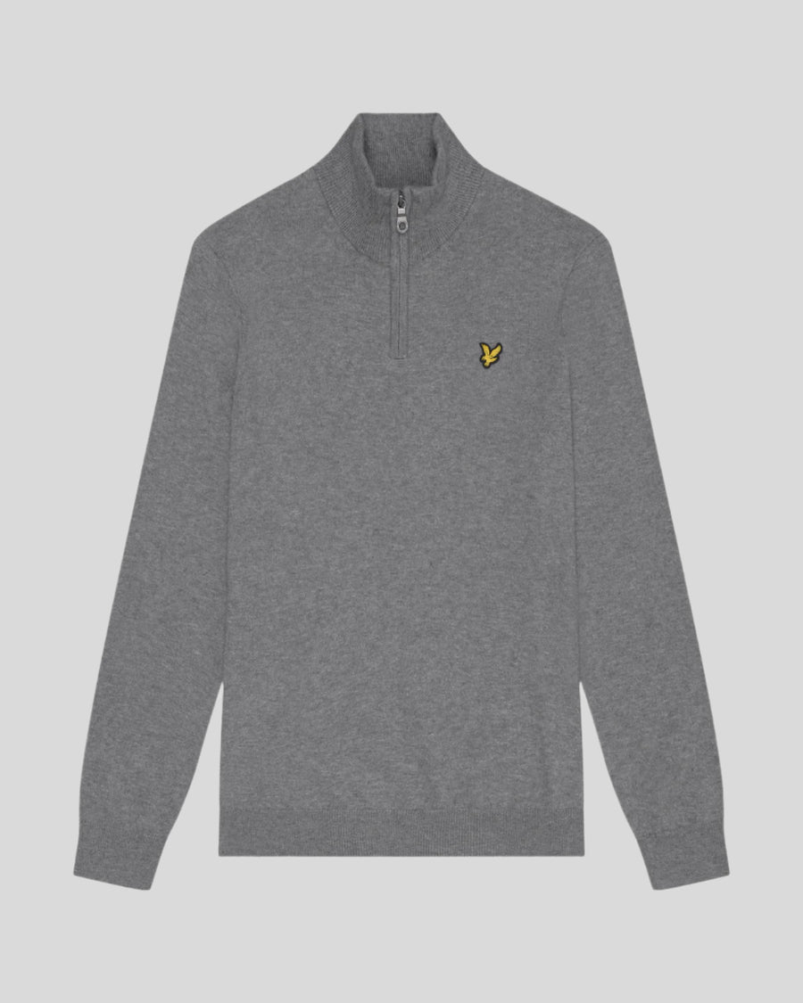 Man wears Cotton Merino 1/4 Zip Jumper in Mid Grey Marl