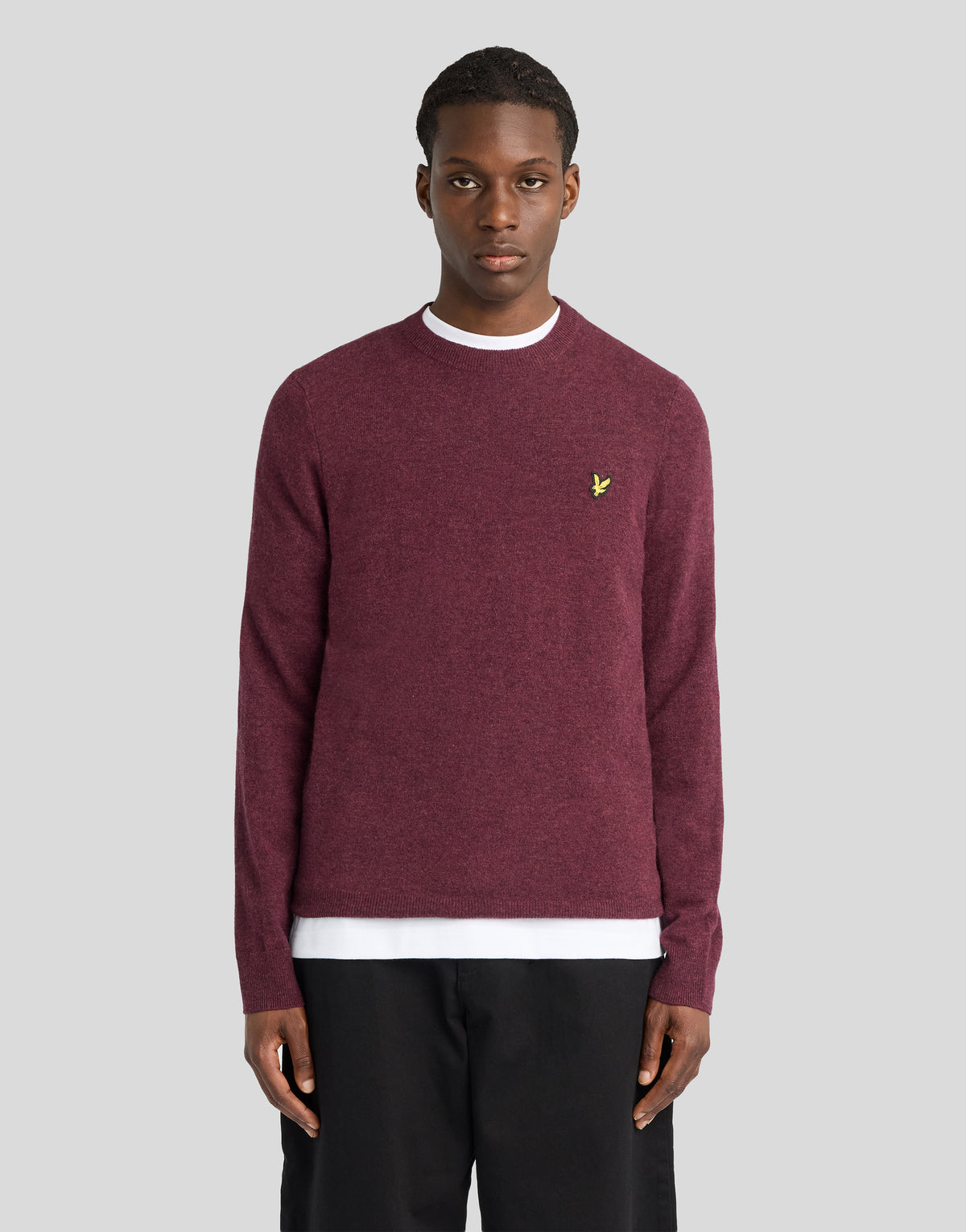 Man wearing Lambswool Blend Crew Neck Jumper in Beetroot Marl