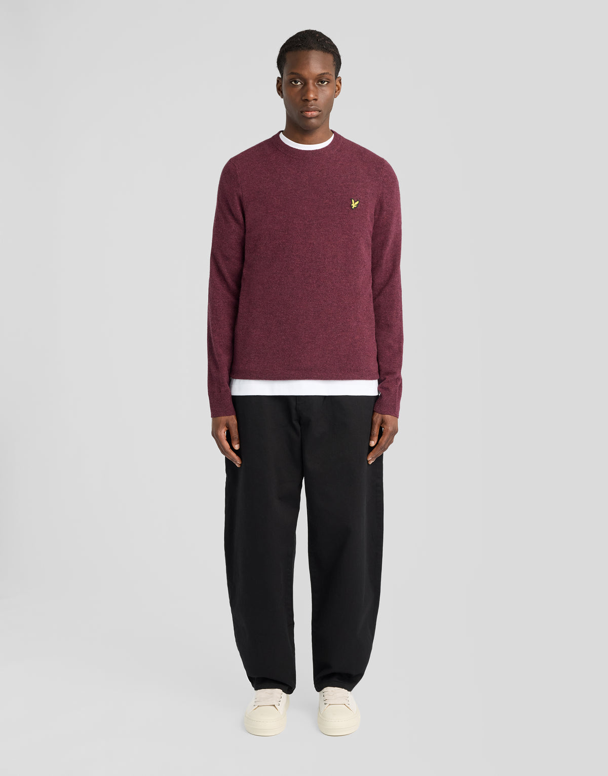 Man wearing Lambswool Blend Crew Neck Jumper in Beetroot Marl