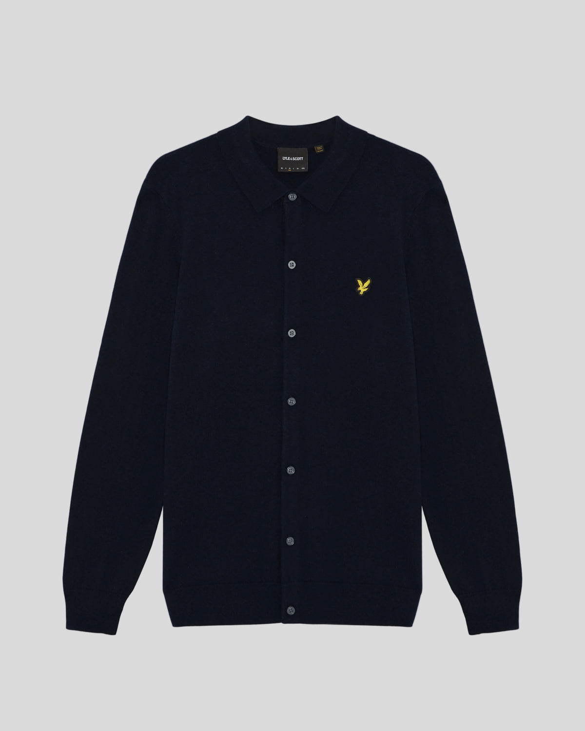 Vlakke foto van het gebreide shirt van katoen en merinowol in donker marineblauw