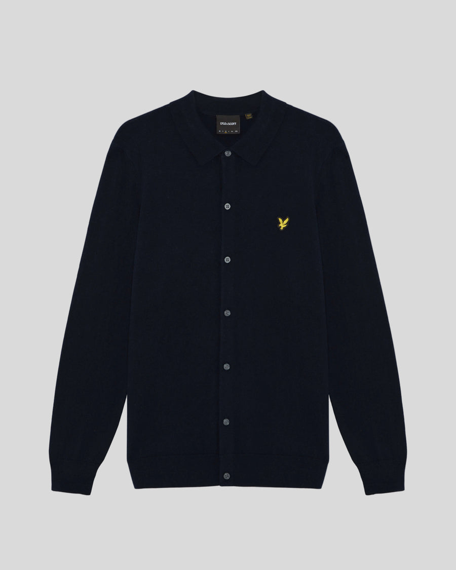 Vlakke foto van het gebreide shirt van katoen en merinowol in donker marineblauw
