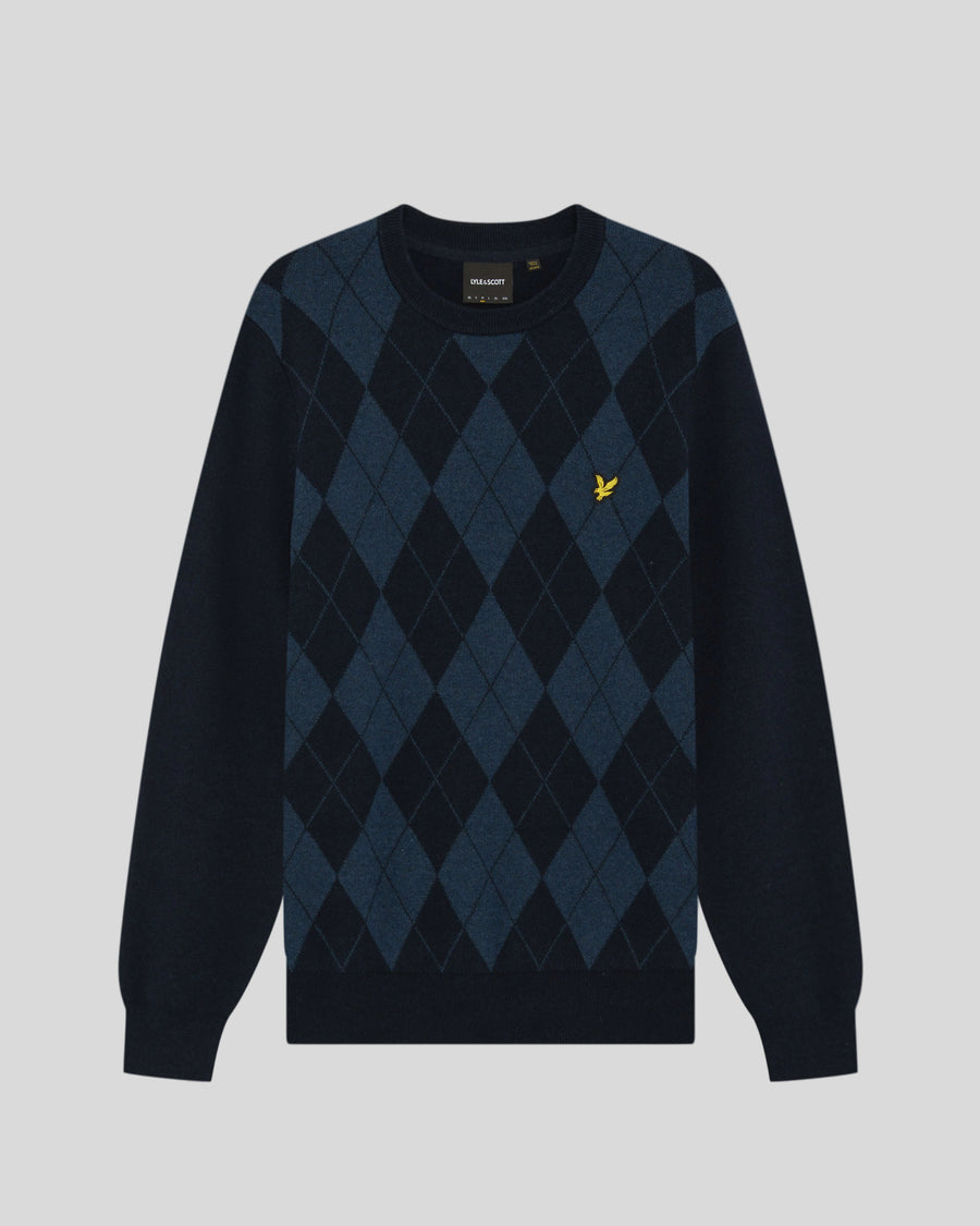 Flachaufnahme des „Cotton Merino Argyle“-Pullovers in „Dark Navy Marl-Mid“ in Navy Marl