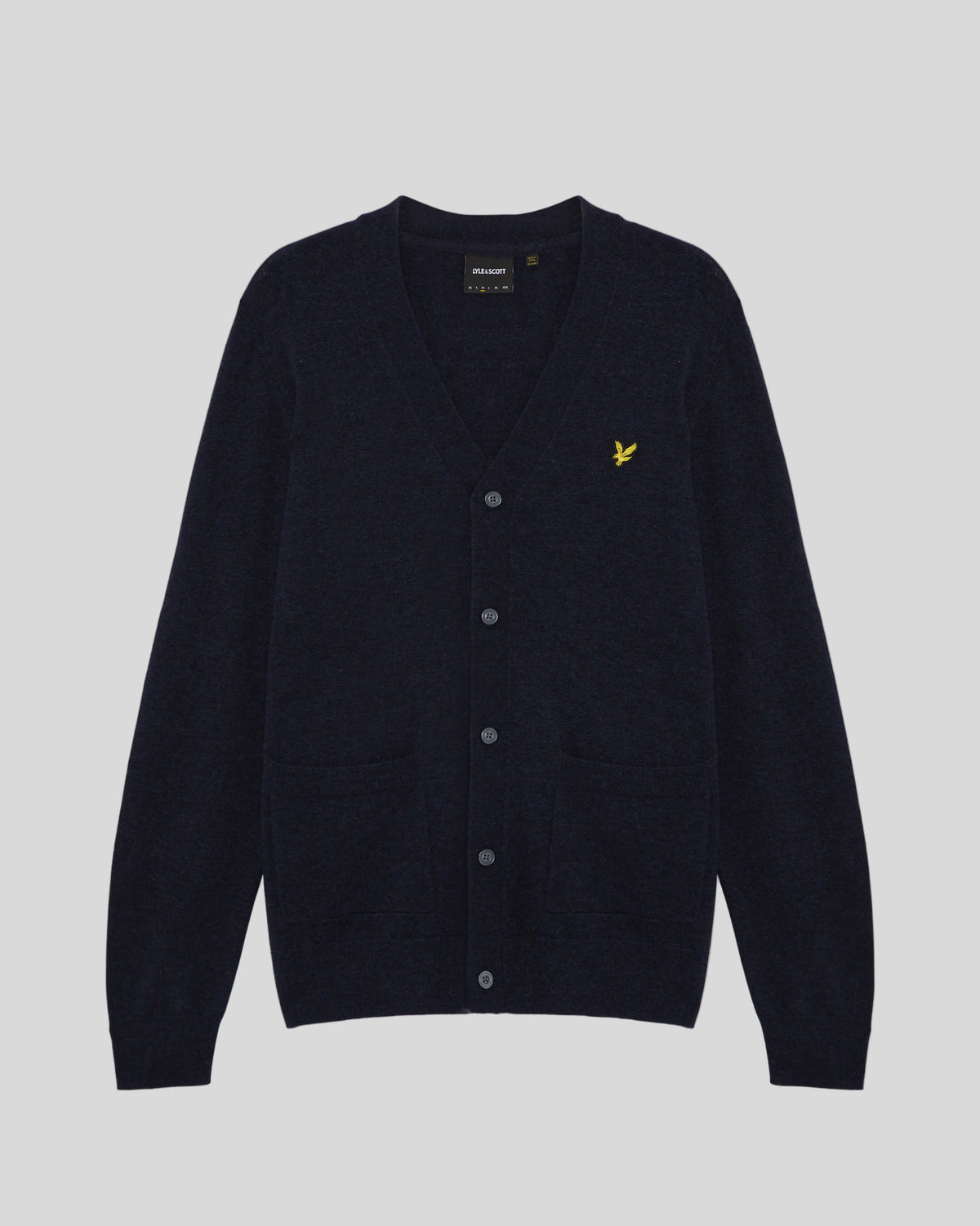 Flat shot of Lambswool Blend V-Neck Cardigan in Dark Navy Marl