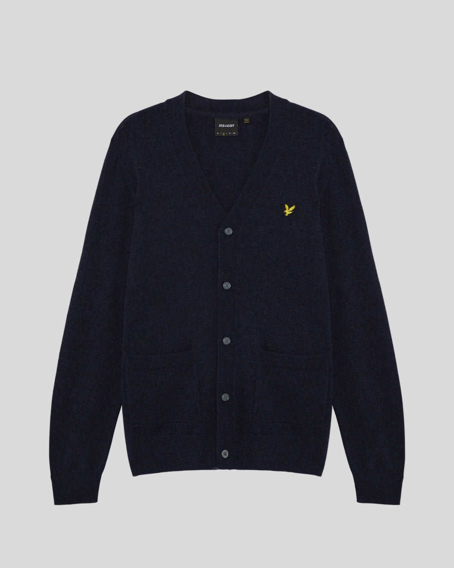 Flat shot of Lambswool Blend V-Neck Cardigan in Dark Navy Marl