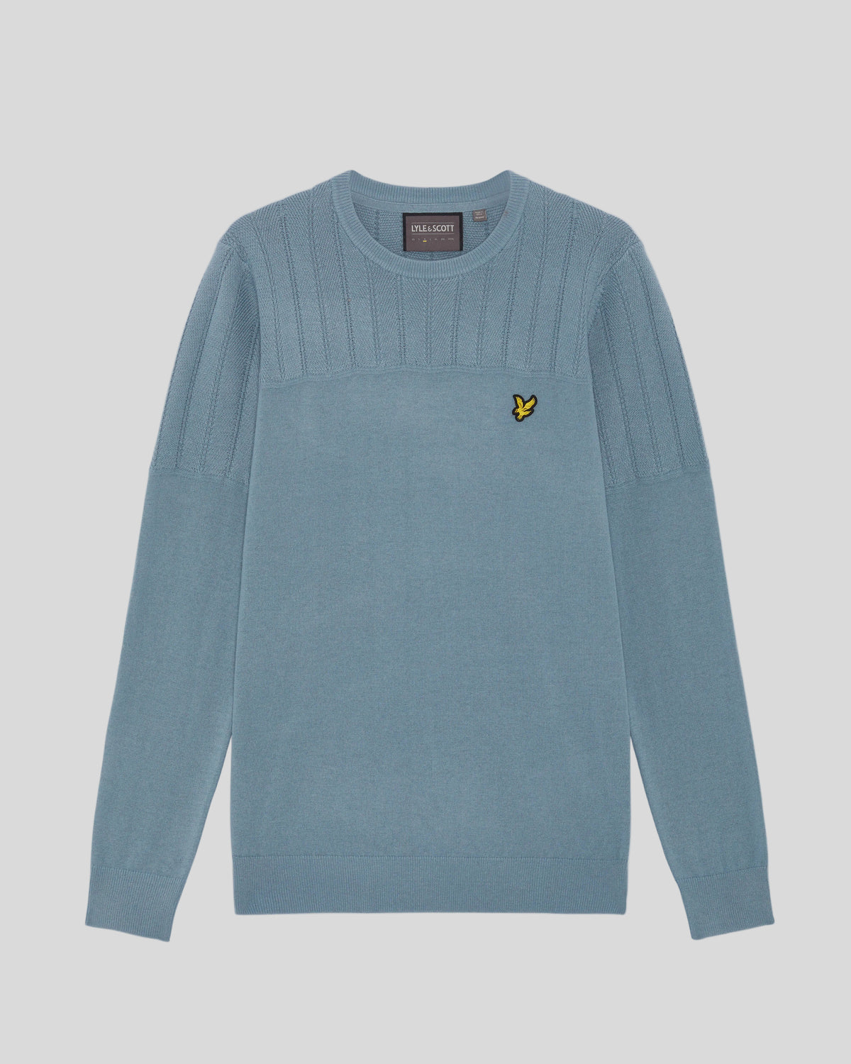 Foto de frente del jersey de cuello redondo «Texture Block» en azul acero