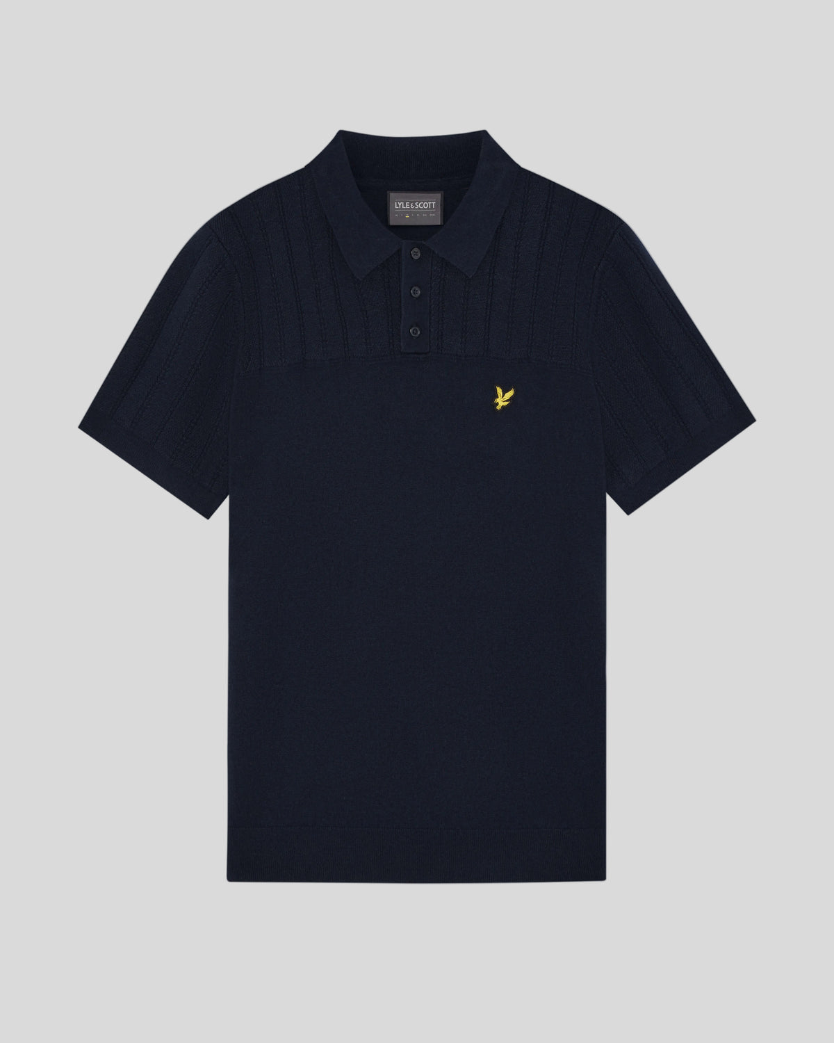 Vlakke foto van het gebreide poloshirt met textuurpatroon in donker marineblauw