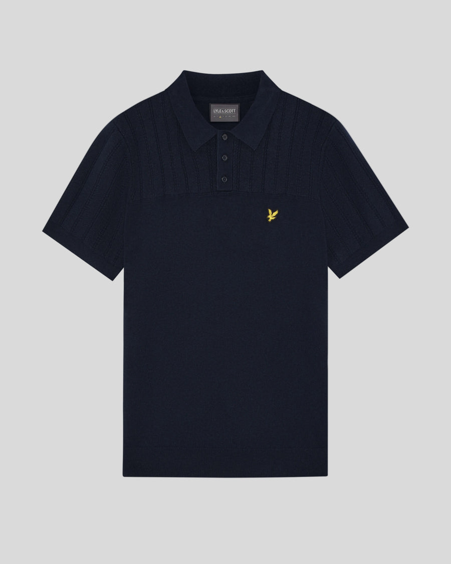 Vlakke foto van het gebreide poloshirt met textuurpatroon in donker marineblauw