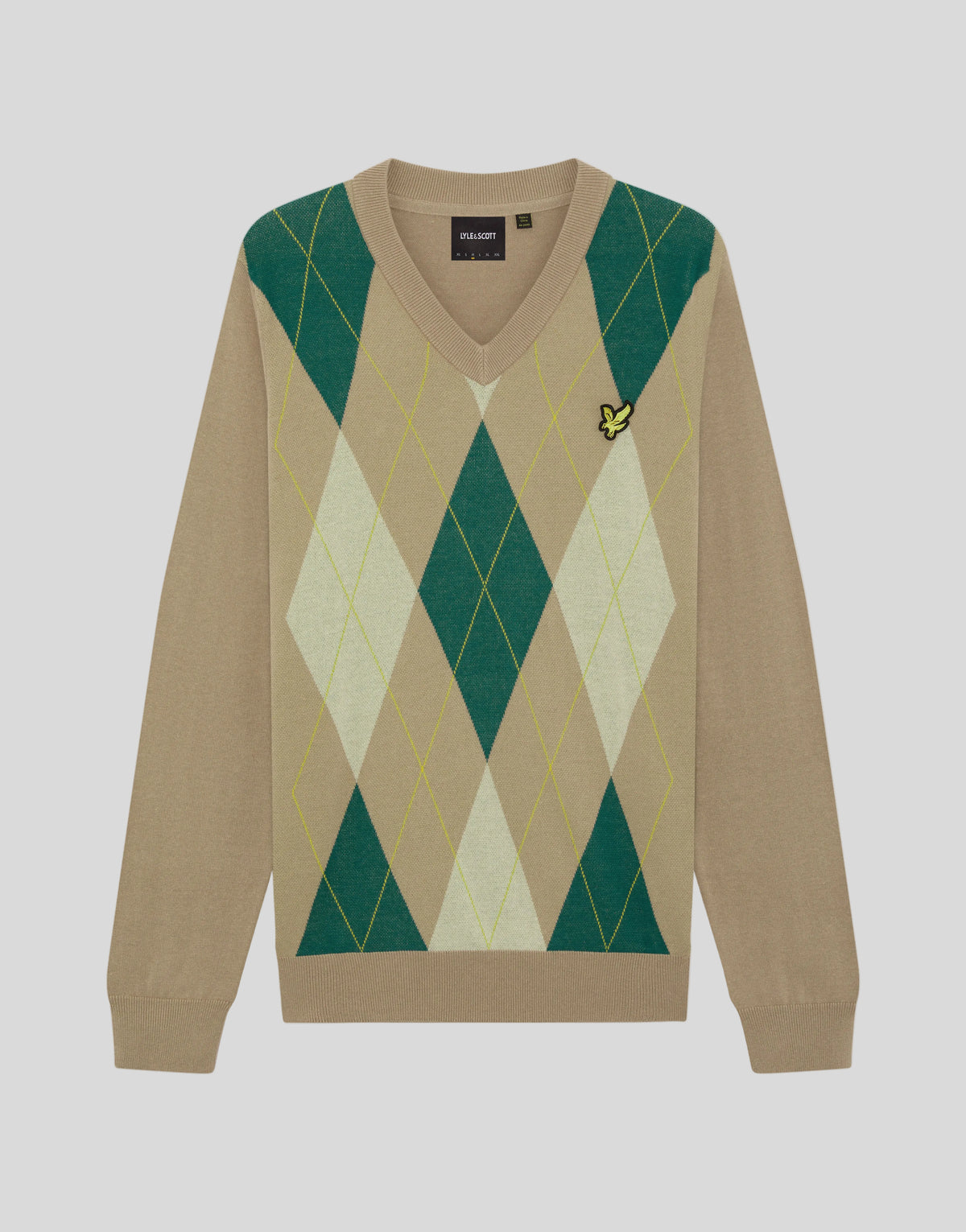 Flat shot of Archive Argyle Knitted V-Neck Jumper in Camel Taupe