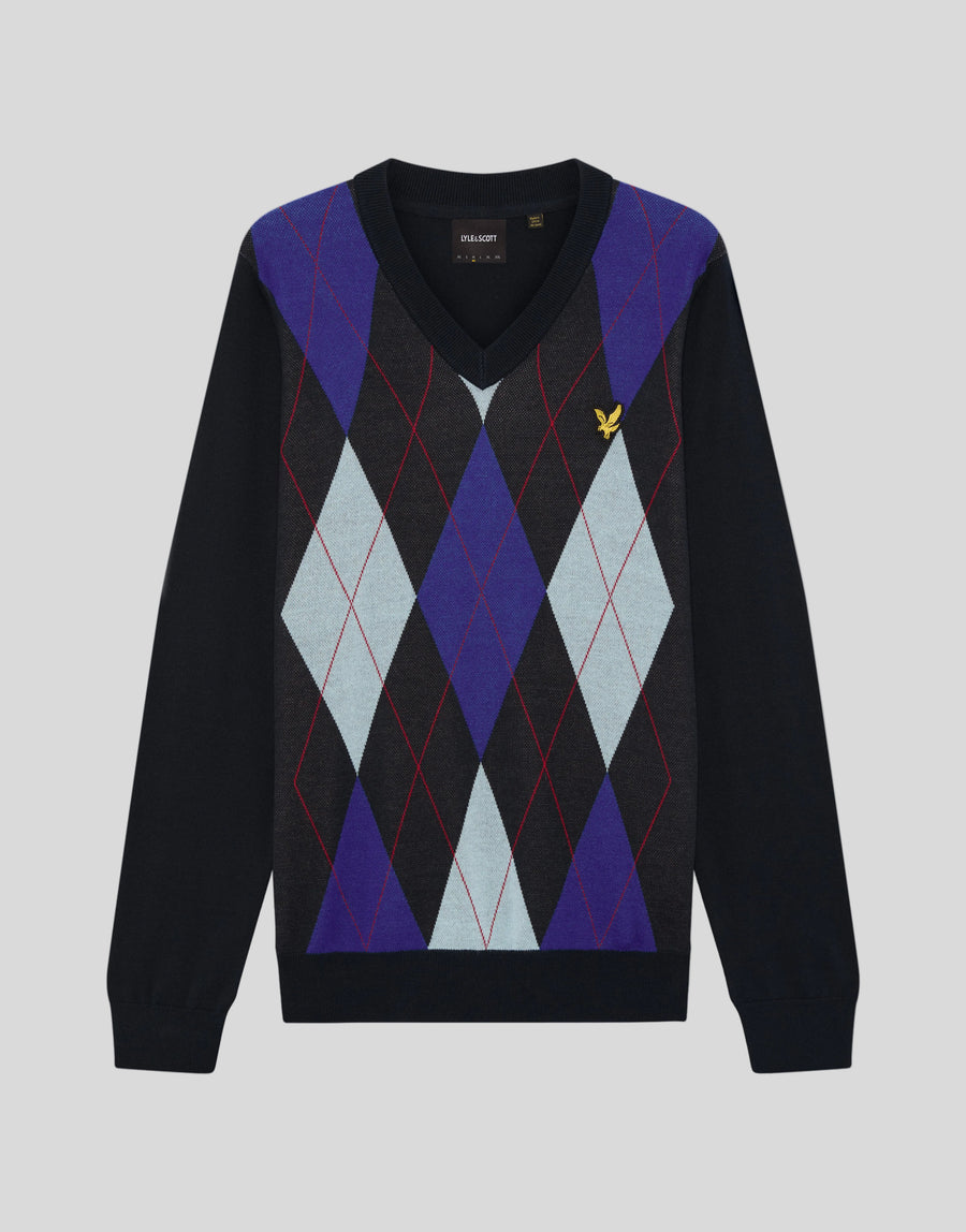 Foto frontale del maglione a collo a V in maglia Argyle della collezione Archive, colore blu navy scuro