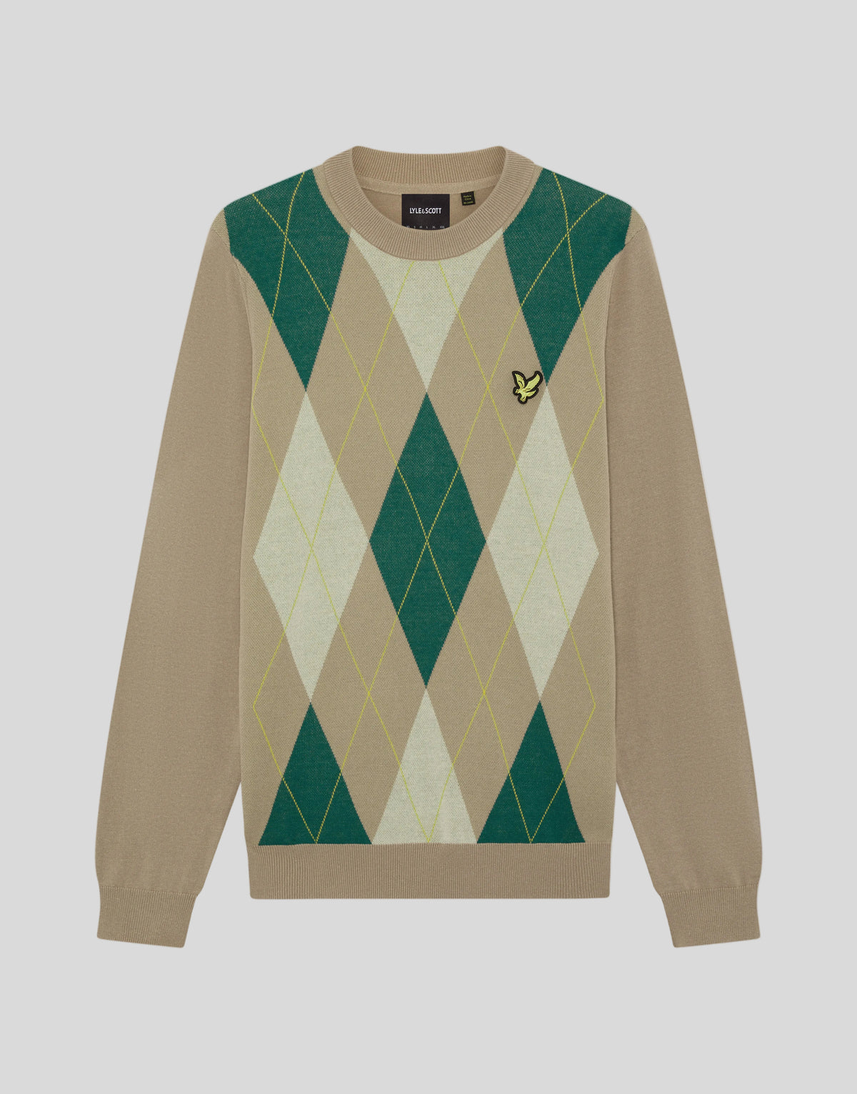 Foto frontale del maglione a girocollo Archive Argyle nei colori cammello e taupe