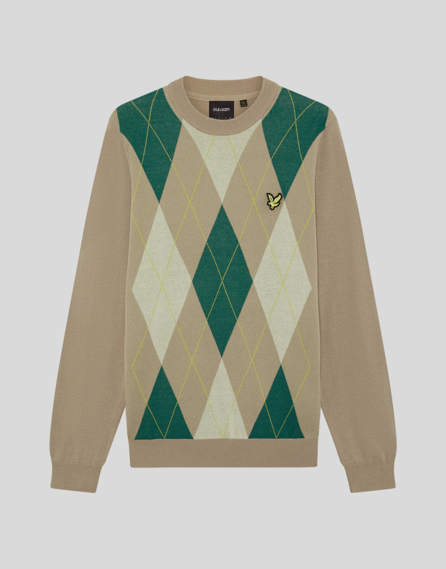 Foto frontale del maglione a girocollo Archive Argyle nei colori cammello e taupe
