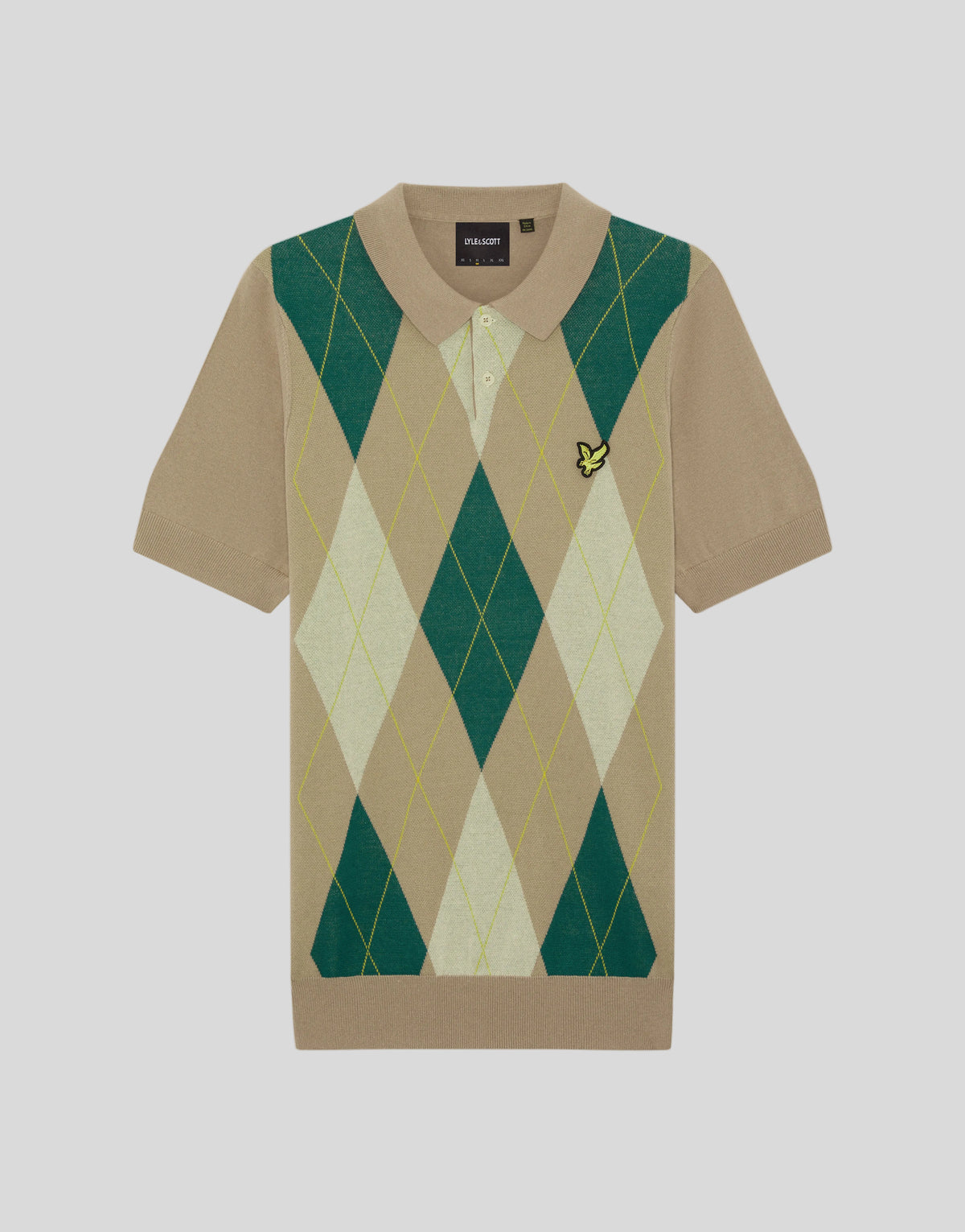 Produktfoto des gestrickten Polohemds „Archive Argyle“ in der Farbe „Camel Taupe“