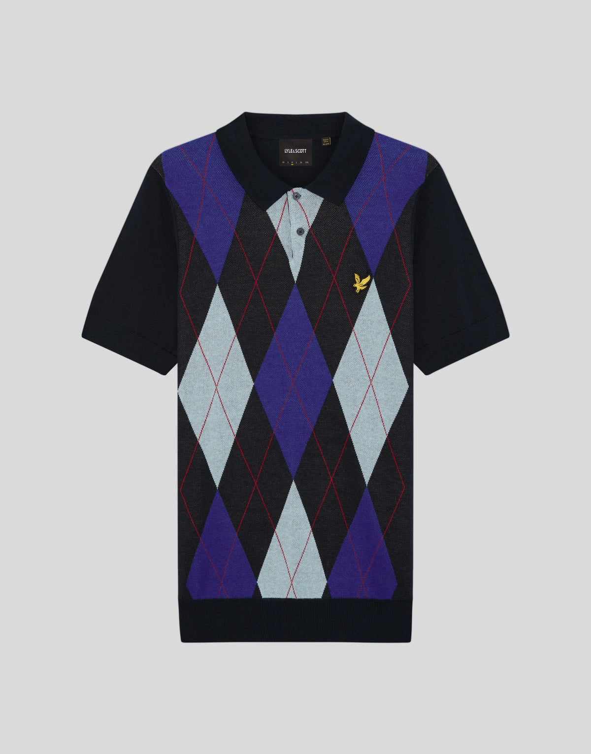 Flat shot of Archive Argyle Knitted Polo Shirt in Dark Navy