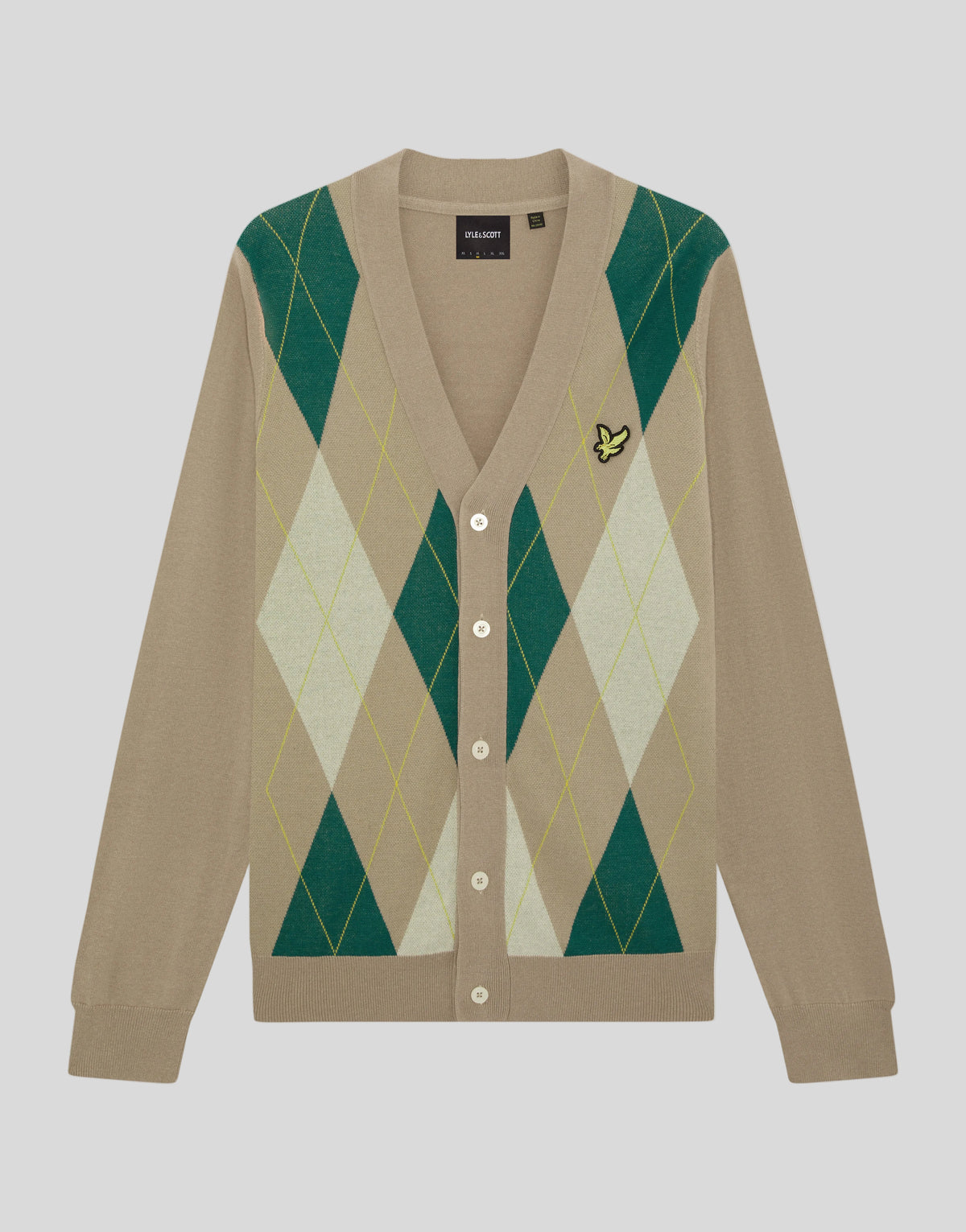 Flat shot of Archive Argyle Knitted Cardigan in Camel Taupe