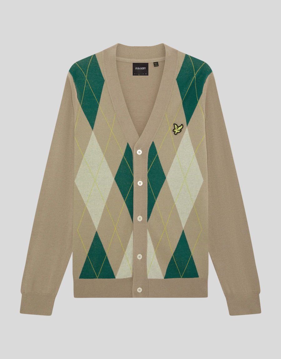 Flat shot of Archive Argyle Knitted Cardigan in Camel Taupe