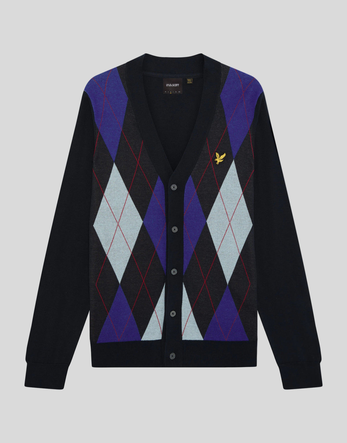 Produktfoto des gestrickten Cardigans „Archive Argyle“ in Dunkelblau