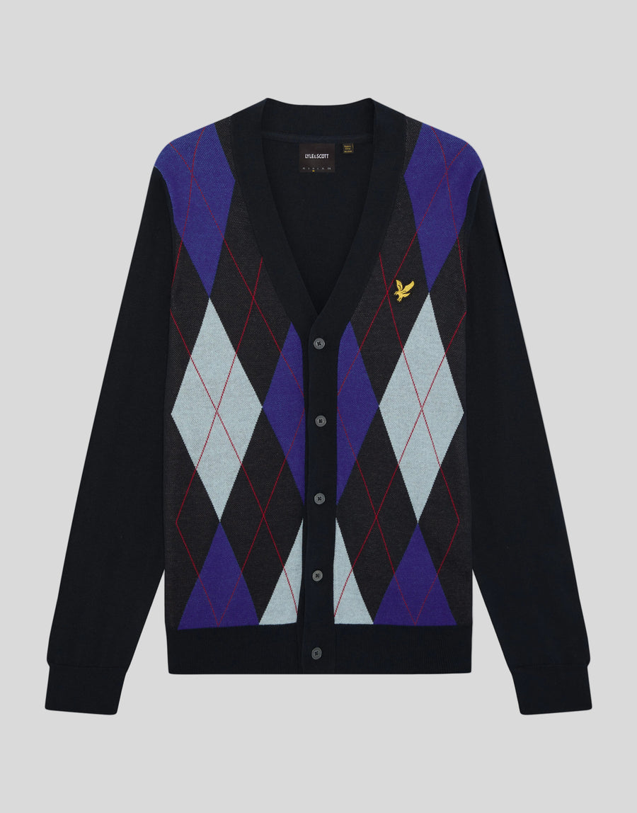 Produktfoto des gestrickten Cardigans „Archive Argyle“ in Dunkelblau