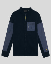 buy men's premium clothing fashion polos jackets -  Lyle & Scott Kids Tonal Nylon Trim Cardigan in Dark Navy
