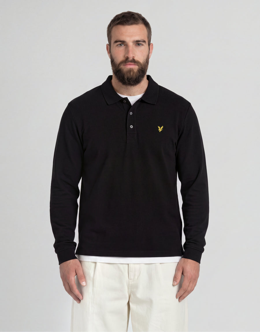 Man wears Big & Tall Long Sleeve Polo Shirt Plus in Jet Black