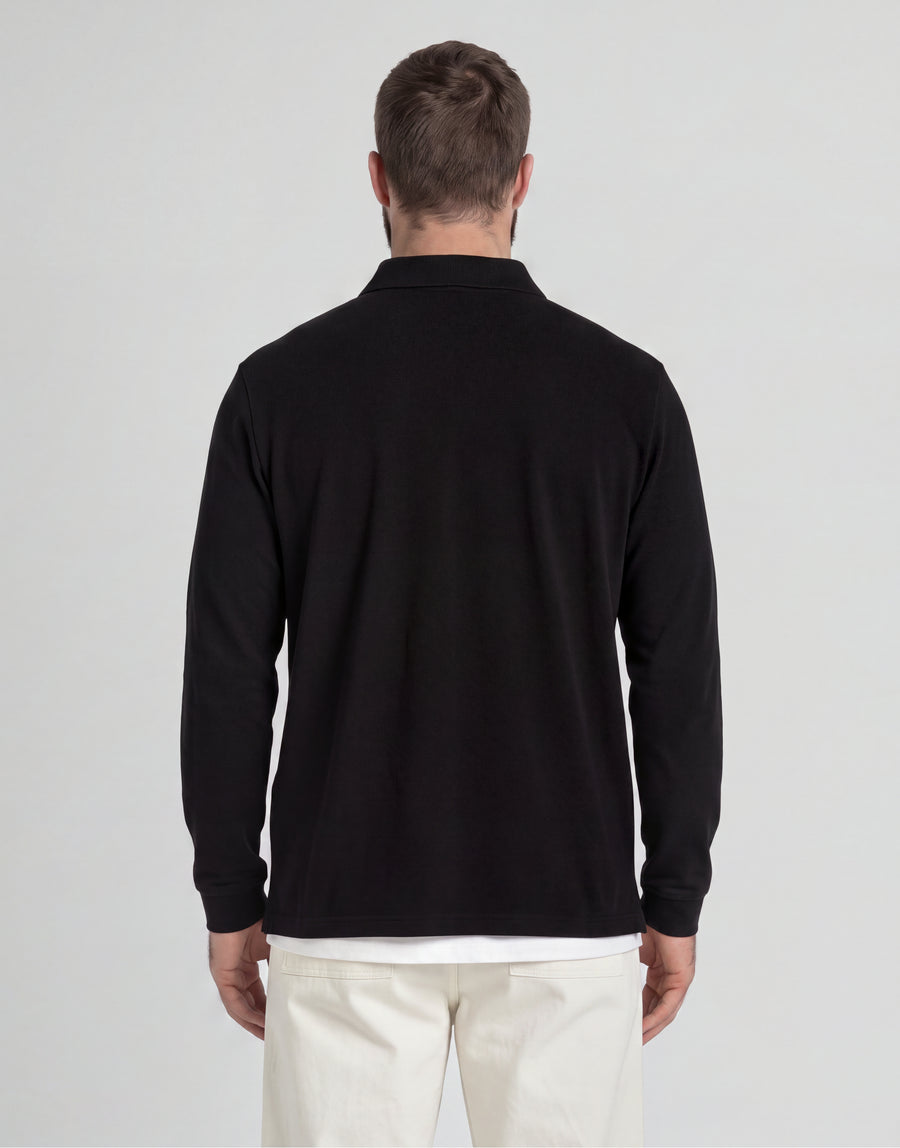 Man wears Big & Tall Long Sleeve Polo Shirt Plus in Jet Black