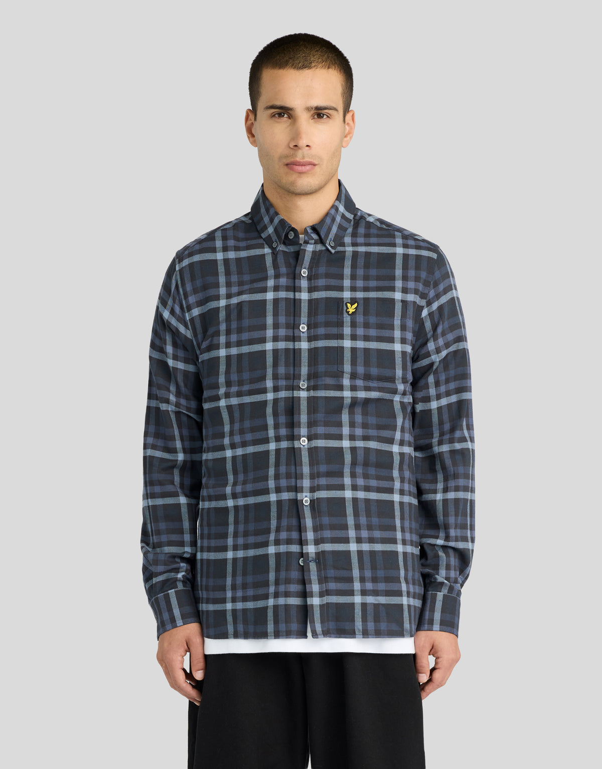 Man wearing Tonal Check Shirt in Dark Navy
