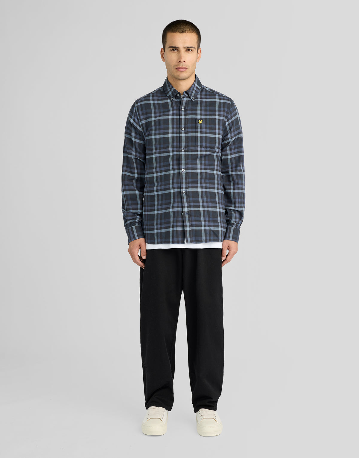 Man wearing Tonal Check Shirt in Dark Navy