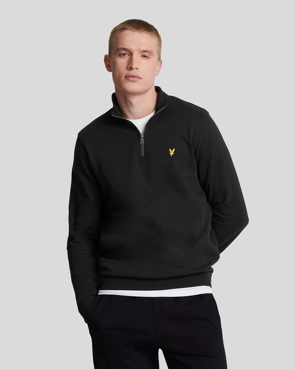 Sweat-shirt à fermeture éclair 1/4 en coton bouclé, couleur noir de jais