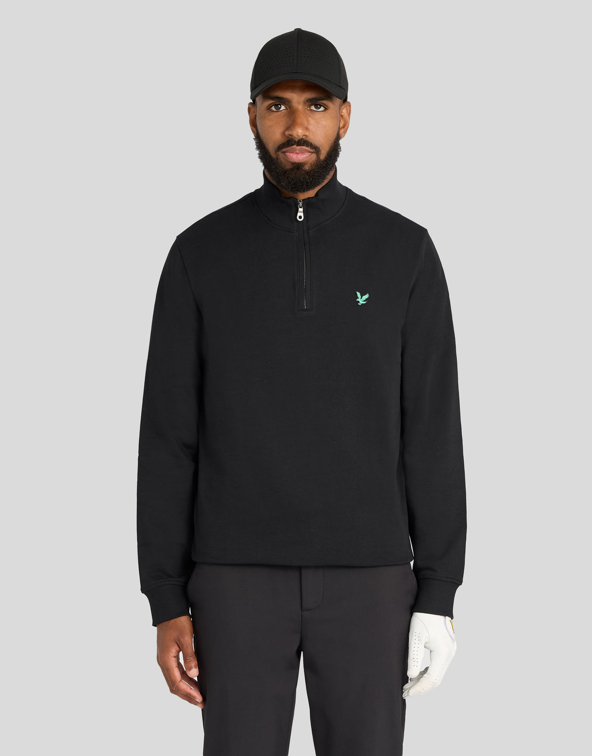 Herren-Midlayer „Green Eagle Cotton“ mit 1/4-Reißverschluss in Jet Black