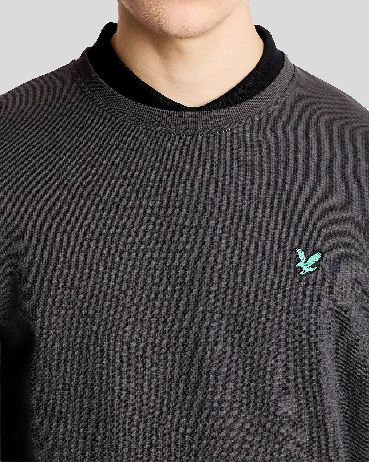 Mann trägt ein „Green Eagle“ Baumwoll-Sweatshirt mit Rundhalsausschnitt in der Farbe „Gunmetal“