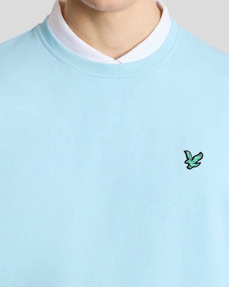 Mann trägt ein „Green Eagle“ Baumwoll-Sweatshirt mit Rundhalsausschnitt in der Farbe „Sea Breeze Blue“