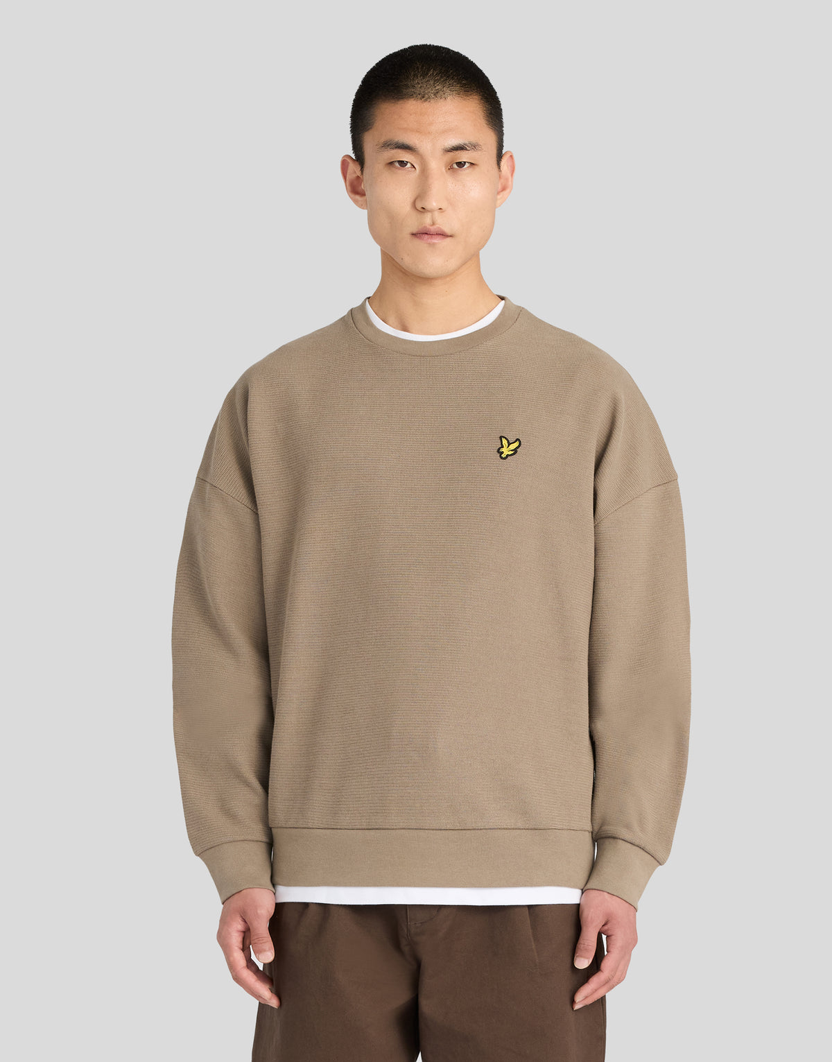 Man wearing Textured Rib Crew Neck Sweatshirt in Khaki Ash