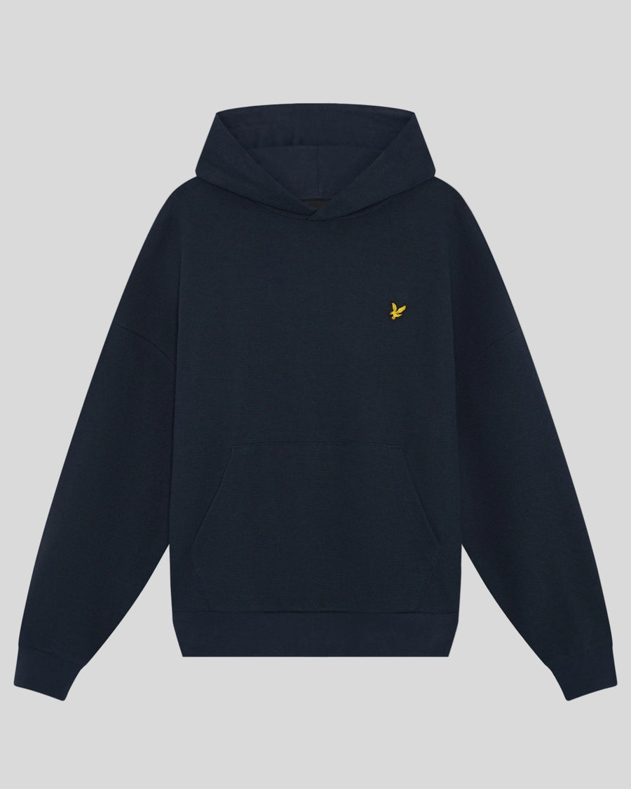 Foto frontale della felpa con cappuccio a costine testurizzate in blu navy scuro